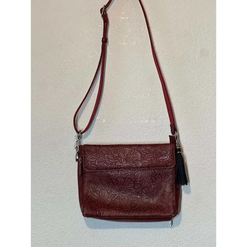 Gun Tote'n Mamas Burgundy Floral Embossed Leather Concealed Carry Crossbody Bag